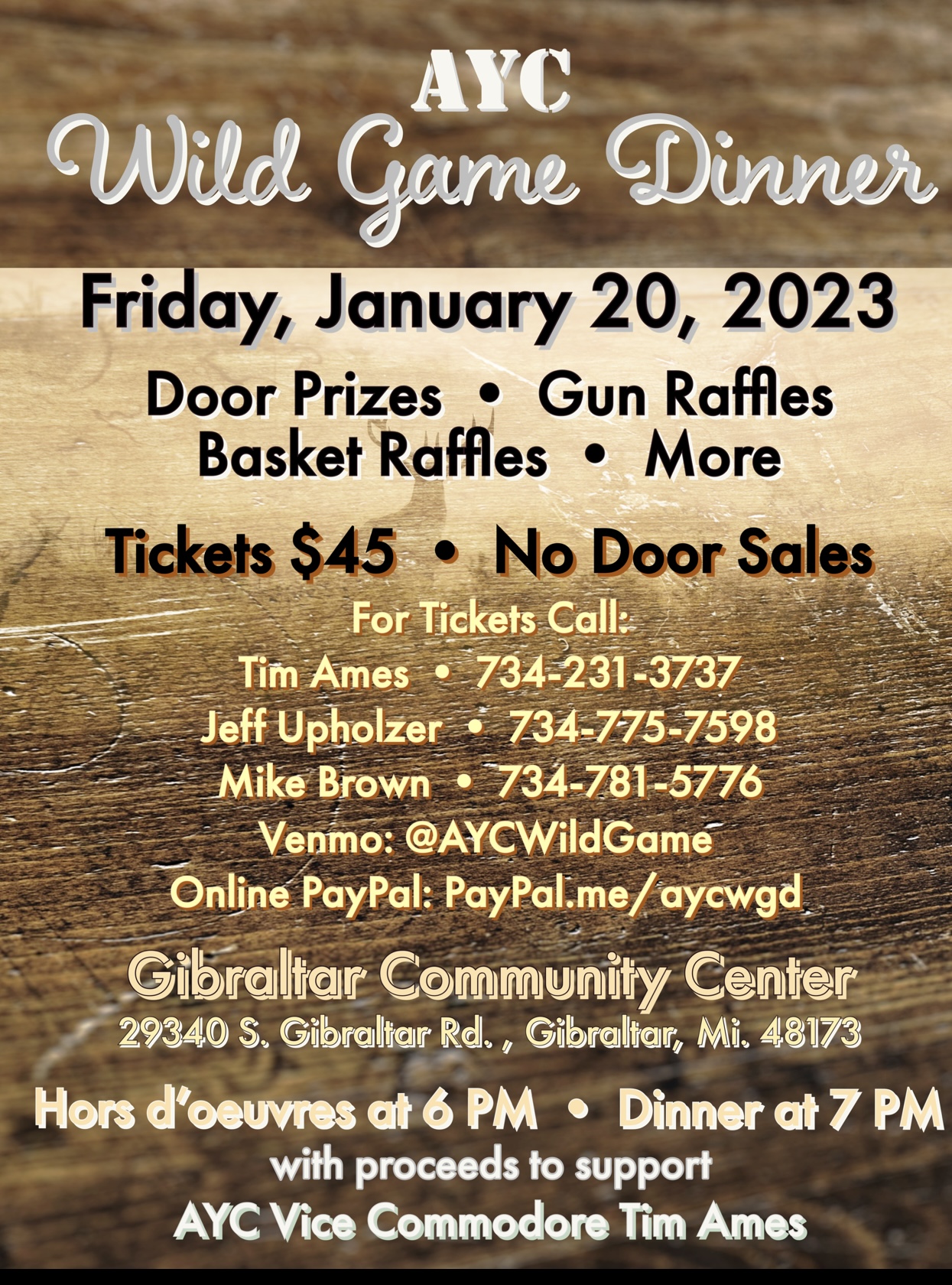 Wild Game Dinner. Advance ticket purchase ONLY. Purchase tickets by 1